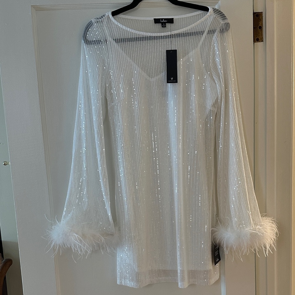 White Sheer Sequin Dress with Feather Cuffs